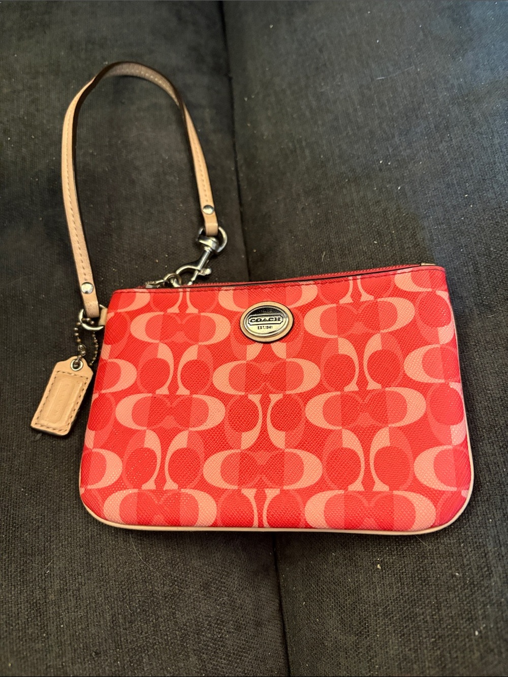 Coach Red Signature Pattern Wristlet with Tan Strap